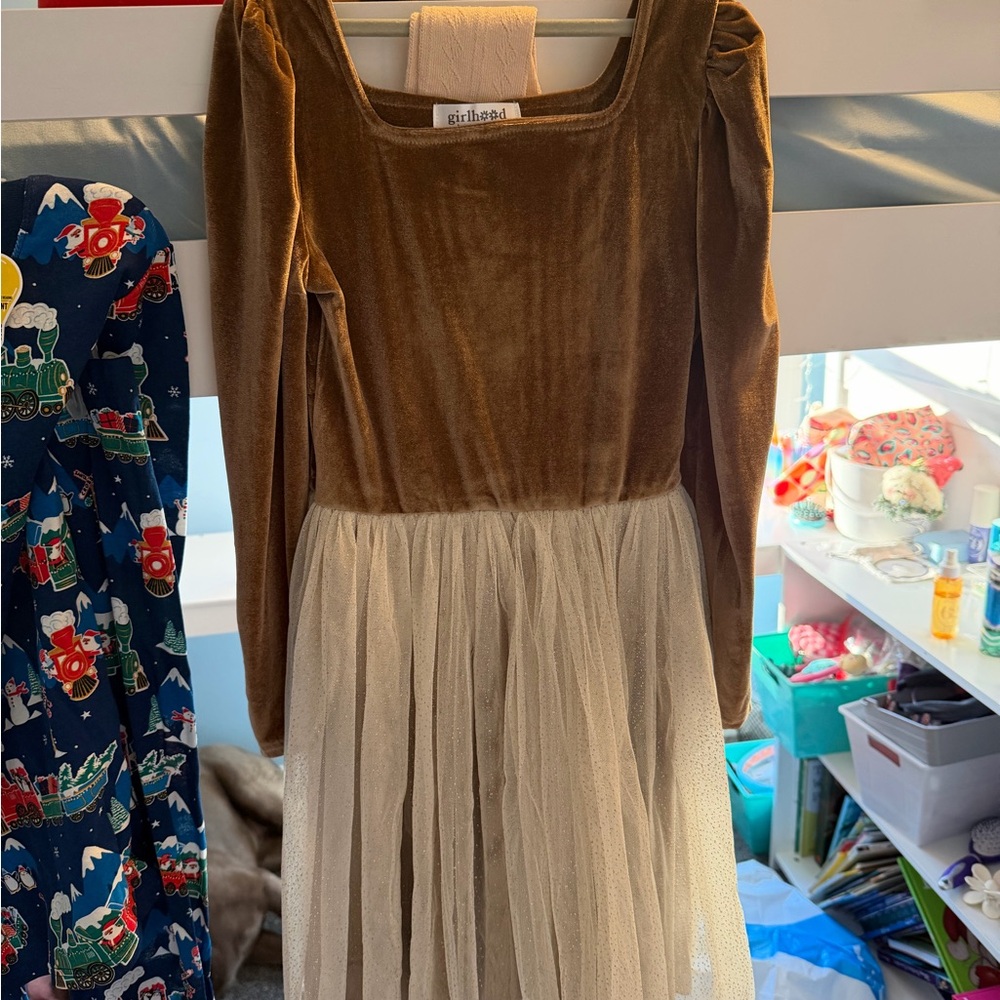 girl+hood Brown Velvet and Cream Tulle Girls' Casual Dress
